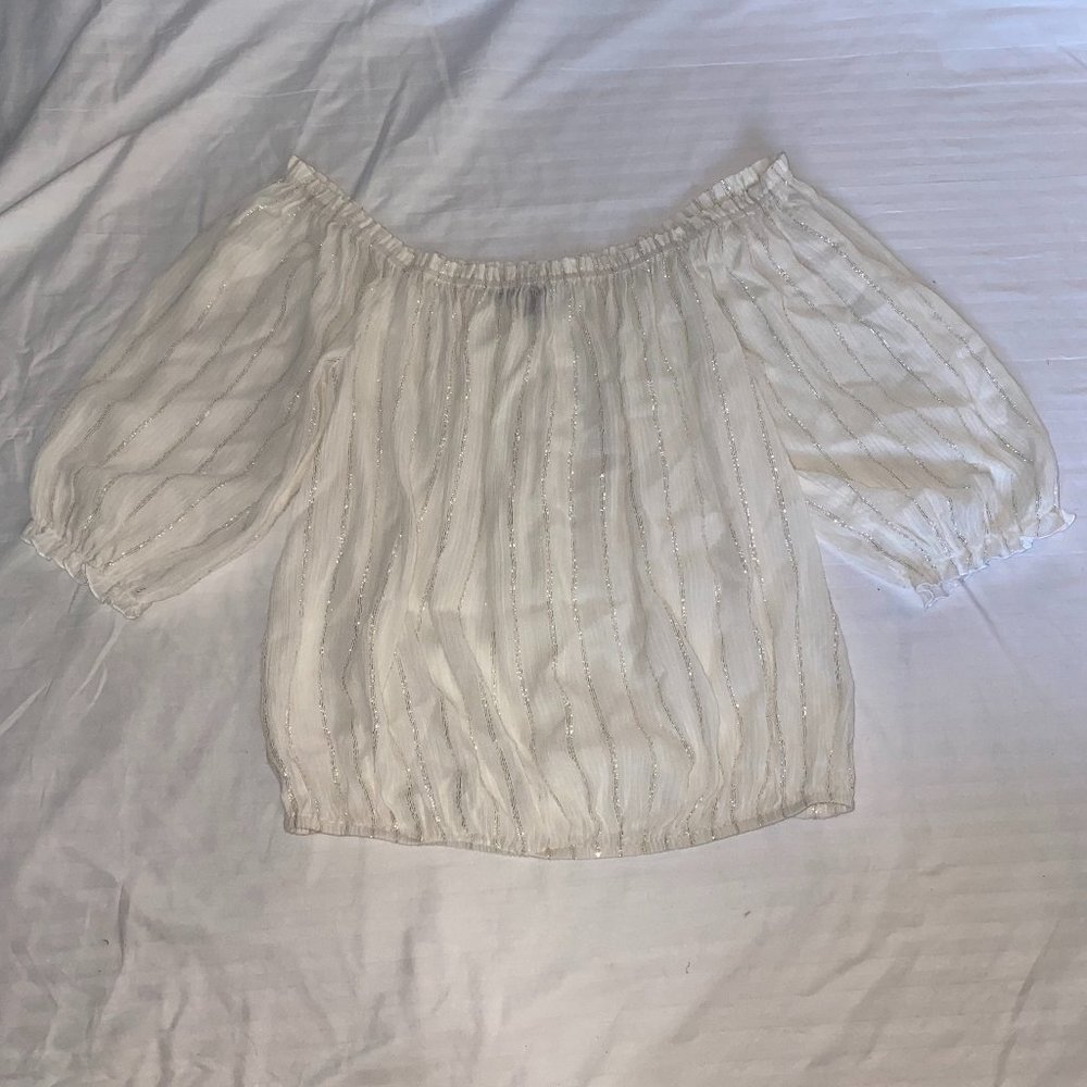 NWOT Sanctuary Cottagecore Semi Sheer Peasant Top with Glitter Striped Accents